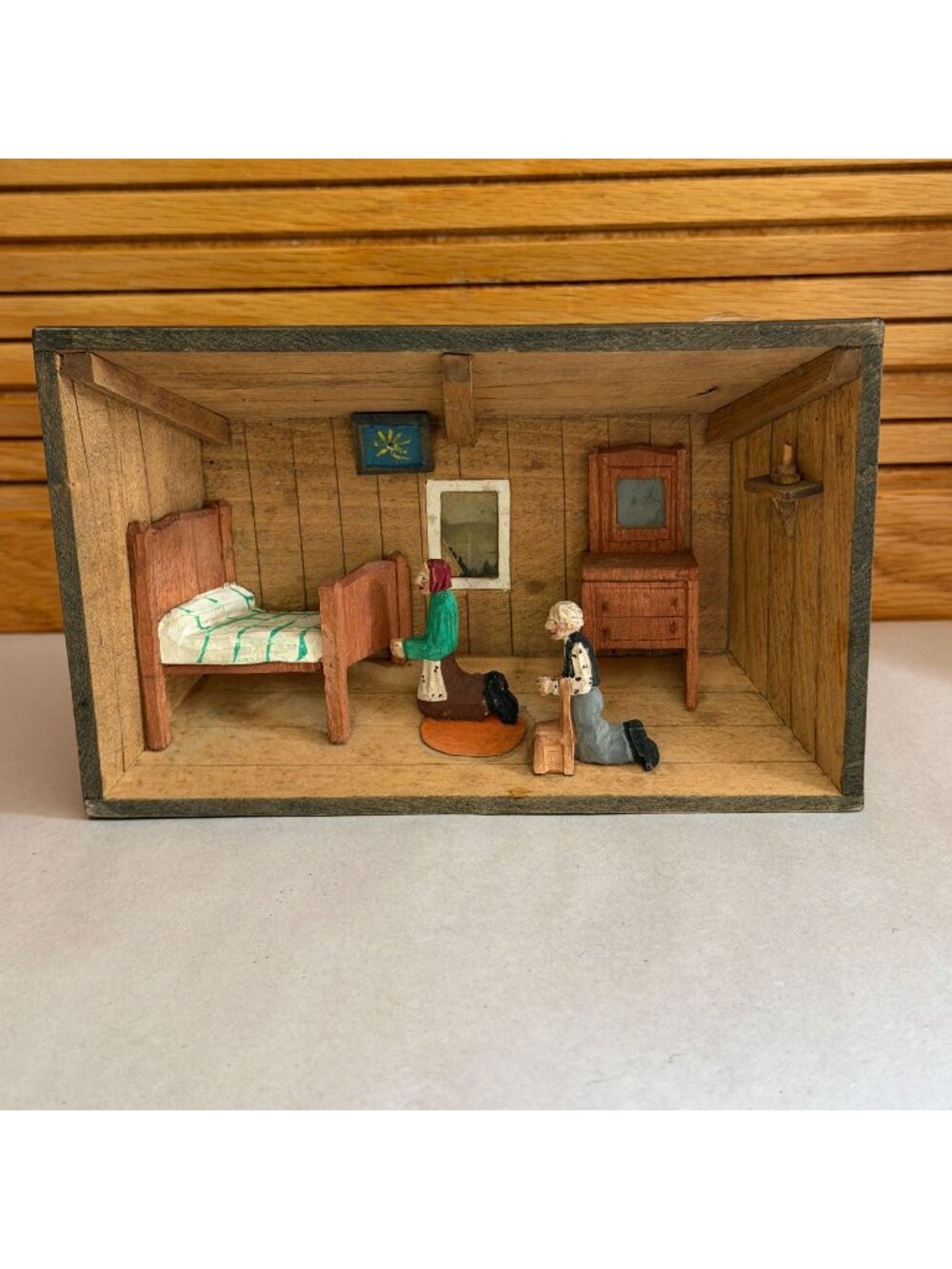 Vintage Jean-Julien Bourgault Diorama 3-D Box Signed Handmade Couple Praying